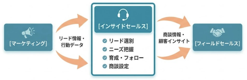         [マーケティング]

              ↓

        リード情報・行動データ

              ↓

    ┌─────────────────────┐

    │  インサイドセールス  │

    │                      │

    │  ・リード選別        │

    │  ・ニーズ把握        │

    │  ・育成・フォロー    │

    │  ・商談設定          │

    └─────────────────────┘

              ↓

        商談情報・顧客インサイト

              ↓

       [フィールドセールス]